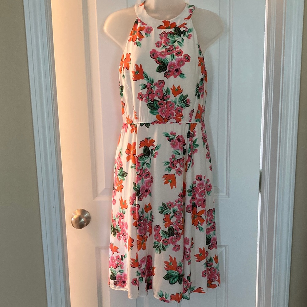 Ann Taylor Cream Halter Midi Dress with Pink & Orange Floral Print